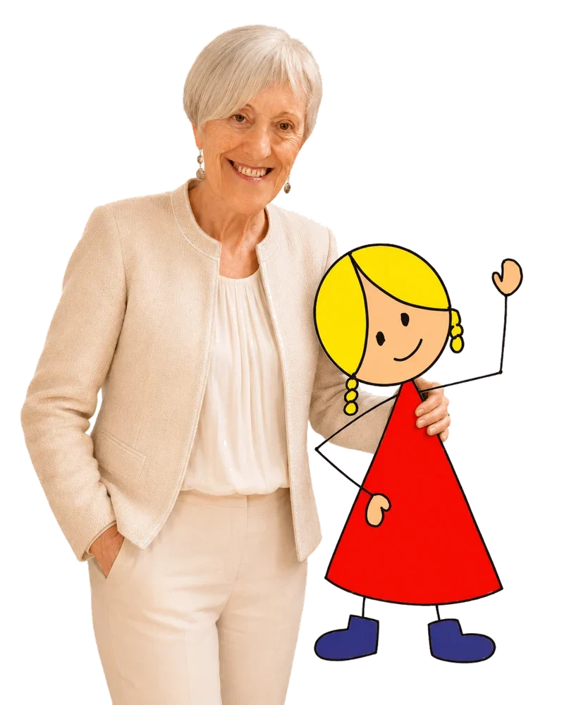 Inma junto a Trían, su personaje ilustrado